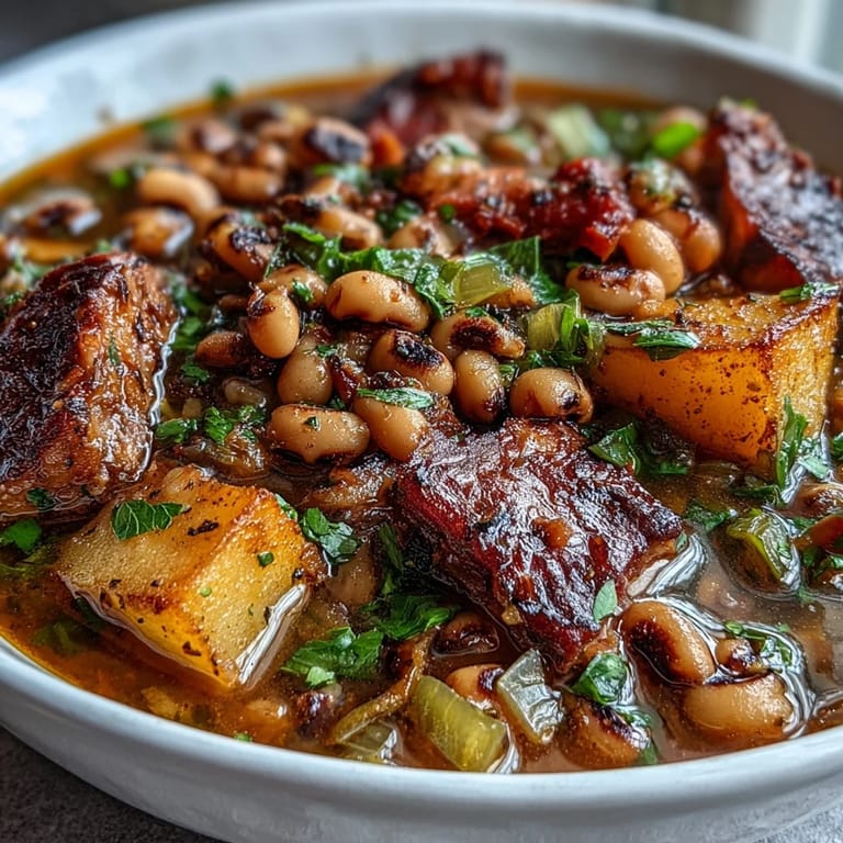 Steam rises from this hearty Black-Eyed Pea Stew featuring tender vegetables and smoked ham hocks.