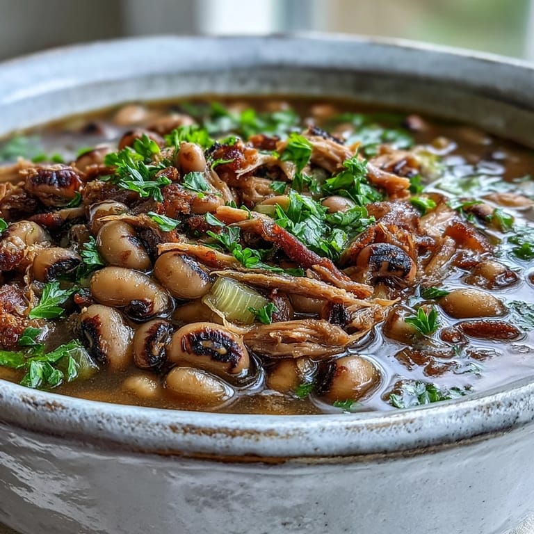 Tender Classic New Years Black-Eyed Peas in a rich, savory broth with shredded pork, ready to serve hot with your favorite hot sauce.
