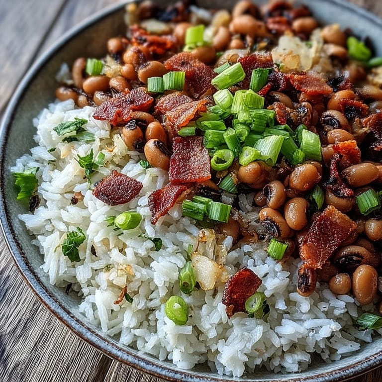 Comforting Hoppin John with tender black-eyed peas and fluffy rice, garnished with crispy bacon and sliced green onions.