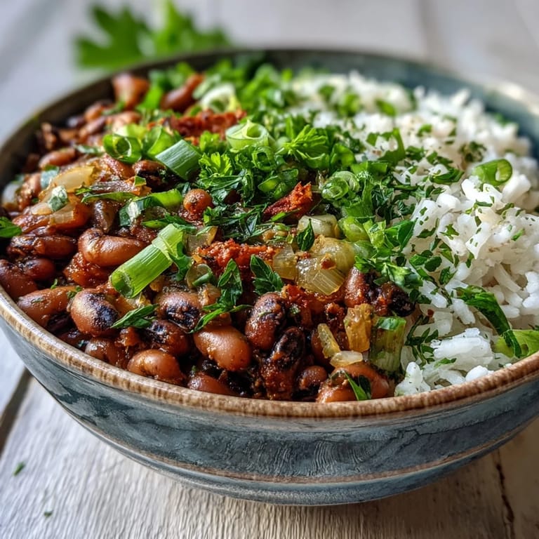 Plated Vegetarian Hoppin John served over fluffy white rice, garnished with fresh cilantro, sliced green onions, and a bright lemon wedge.