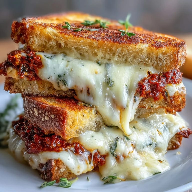 A warm Sun-Dried Tomato Pesto Grilled Cheese served beside a steaming bowl of tomato soup.