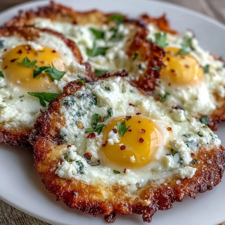 A close-up shows sizzling Crispy Feta Fried Eggs with vibrant pepper flakes and a creamy, runny yolk.