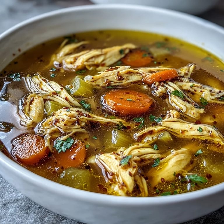 Close-up of vibrant Anti-Inflammatory Turmeric Chicken Soup featuring shredded chicken, carrots, celery, and leafy greens.
