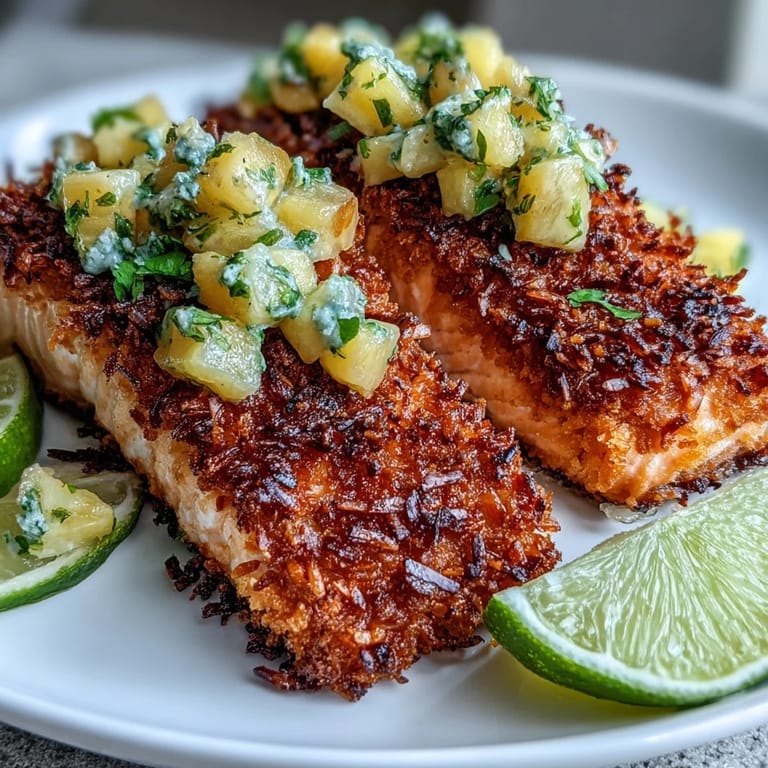 Golden coconut crusted salmon with a fresh pineapple salsa served with lime wedges. 