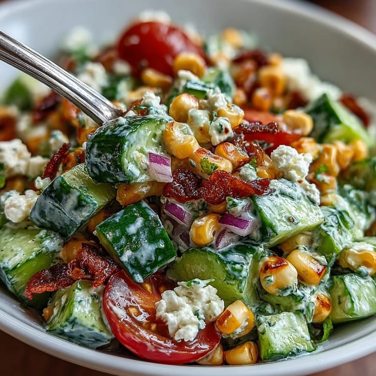Serving suggestion of Street Corn Creamy Cucumber Salad with red onion and creamy dressing, ready to eat.