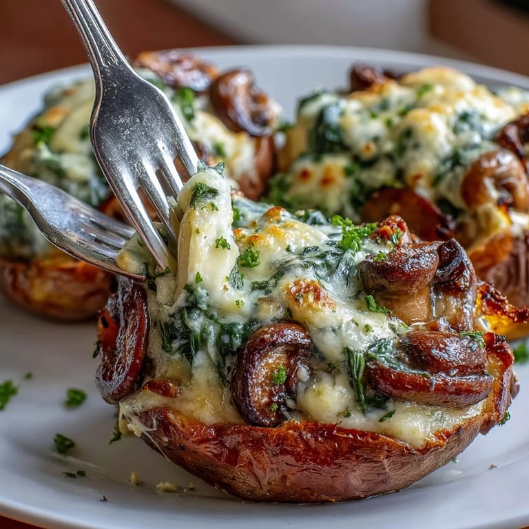 Golden roasted sweet potatoes filled with creamy spinach, mushrooms, and bubbling mozzarella cheese, served hot.
