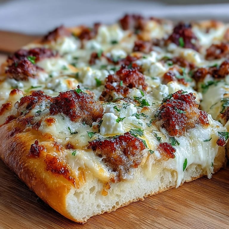 Slice of Hot Sausage Feta Honey Pizza featuring spicy crumbled sausage and creamy crumbled feta cheese.