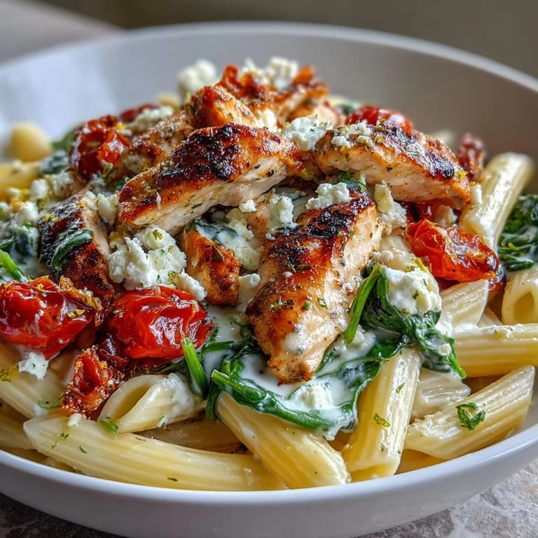Freshly baked Roasted Garlic & Feta Chicken Pasta topped with crumbled feta cheese, parsley, and halved cherry tomatoes on a ceramic plate.