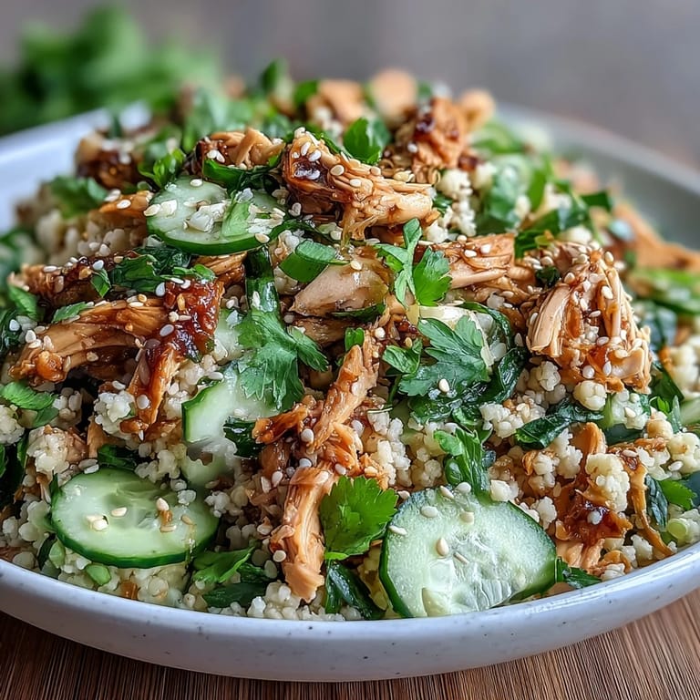 Served chilled on a white plate, the Asian Sesame Chicken Couscous Salad is garnished with toasted sesame seeds and fresh cilantro for a pop of color.