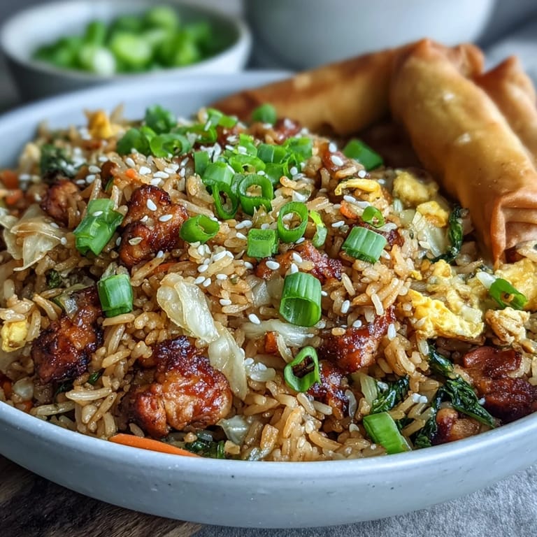 Steam rises from a platter of Crispy Chicken Fried Rice with Egg Roll Flavors, showing scrambled eggs and crunchy bean sprouts.