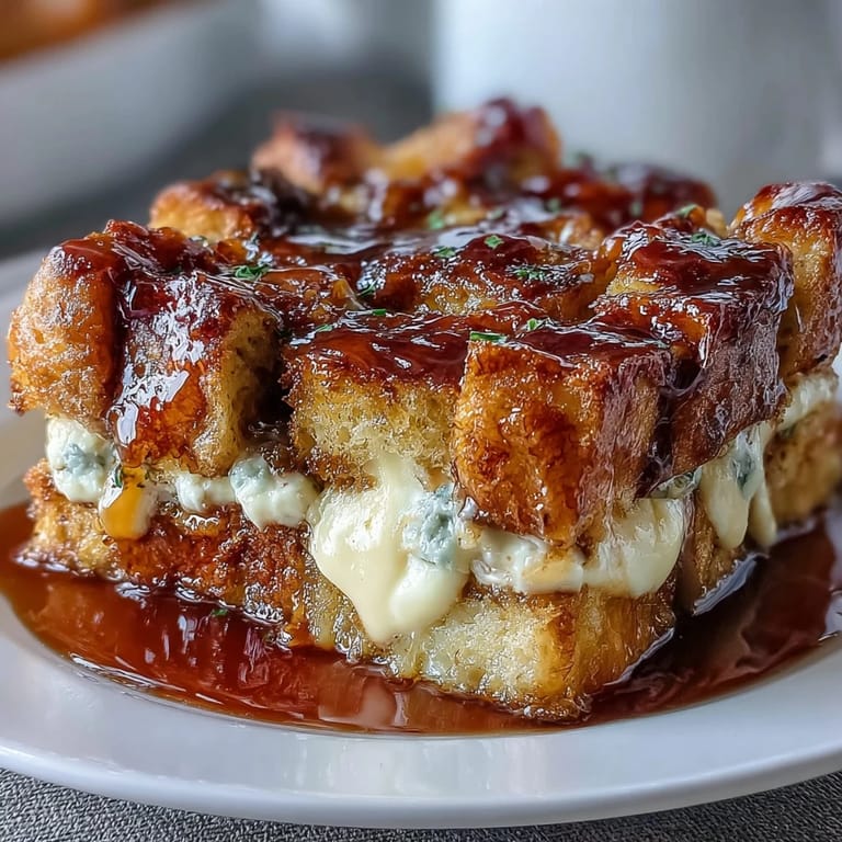 Warm slices of Caramel Cream Cheese French Toast Casserole served on white plates, perfect for a weekend brunch.