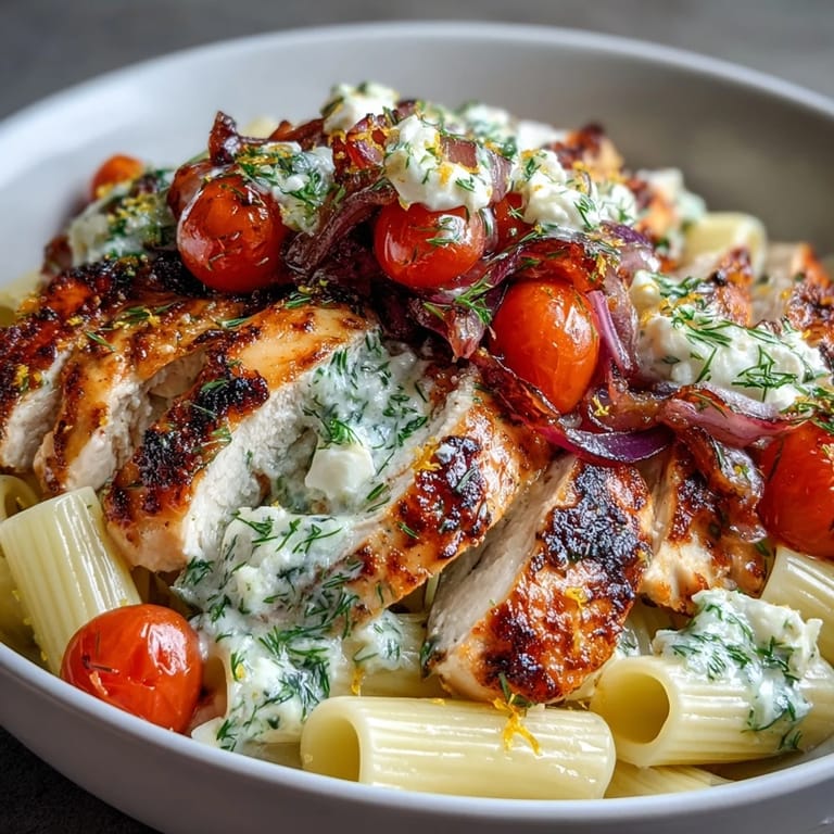 Plated Roasted Garlic & Feta Chicken Pasta garnished with parsley, ready for a Greek-inspired family dinner.