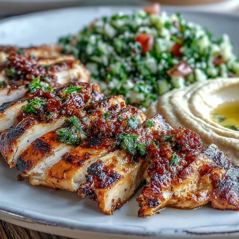 Sizzling Mediterranean Grilled Chicken rests beside a bowl of creamy hummus and a colorful tabbouleh salad.
