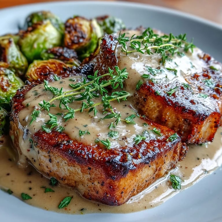 Four golden seared Keto Creamy Dijon Pork Chops smothered in rich sauce alongside oven roasted Brussels sprouts on a rustic plate.