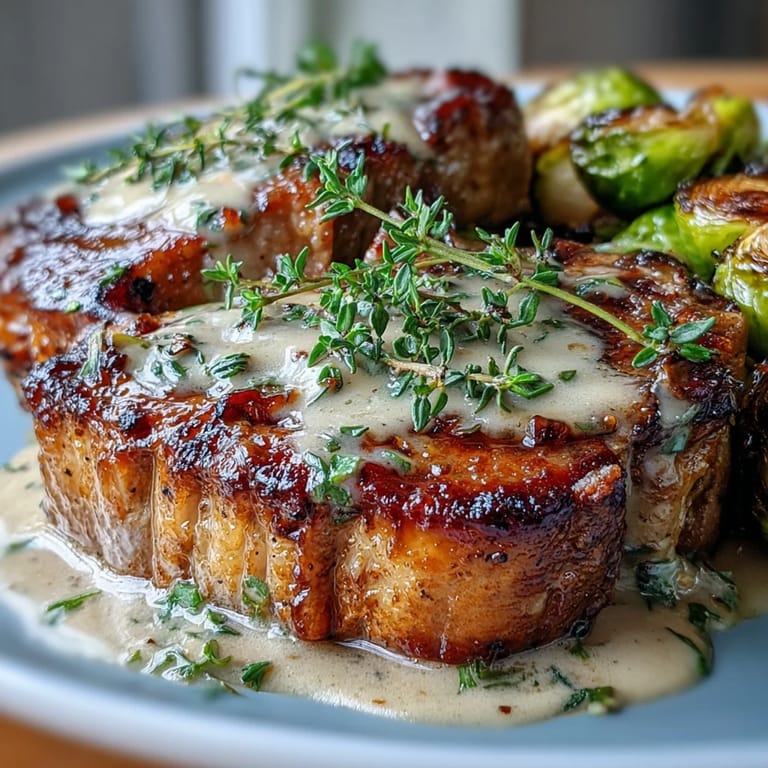 Savory Keto Creamy Dijon Pork Chops plated with buttery sauce and charred Brussels sprouts, perfect for a low carb family meal.