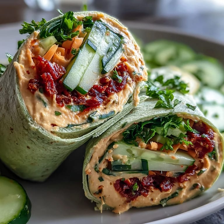 Fresh Vegan Sun-Dried Tomato Hummus Veggie Wraps rolled tightly in parchment, filled with crunchy cucumbers and red onions, perfect for a healthy Mediterranean lunch.