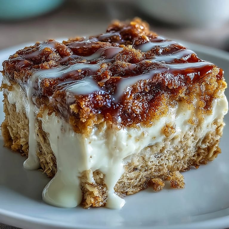 A warm slice of High-Protein Cinnamon Swirl Coffee Cake Oats being lifted from the pan, showing fluffy oats and a sweet streusel crumble.
