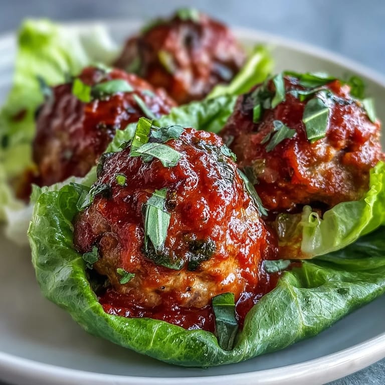 Ground turkey meatballs nestled in butter lettuce leaves with rich tomato sauce for a low carb dinner.