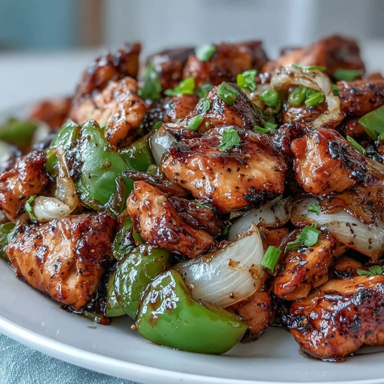 Savory Black Pepper Chicken recipe with tender chicken, crisp peppers, and bold black pepper flavor, served hot over steamed rice.