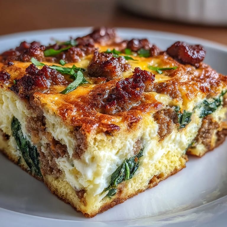 Hearty low-carb breakfast casserole packed with sausage, spinach, and eggs—ideal for meal prep and busy mornings.