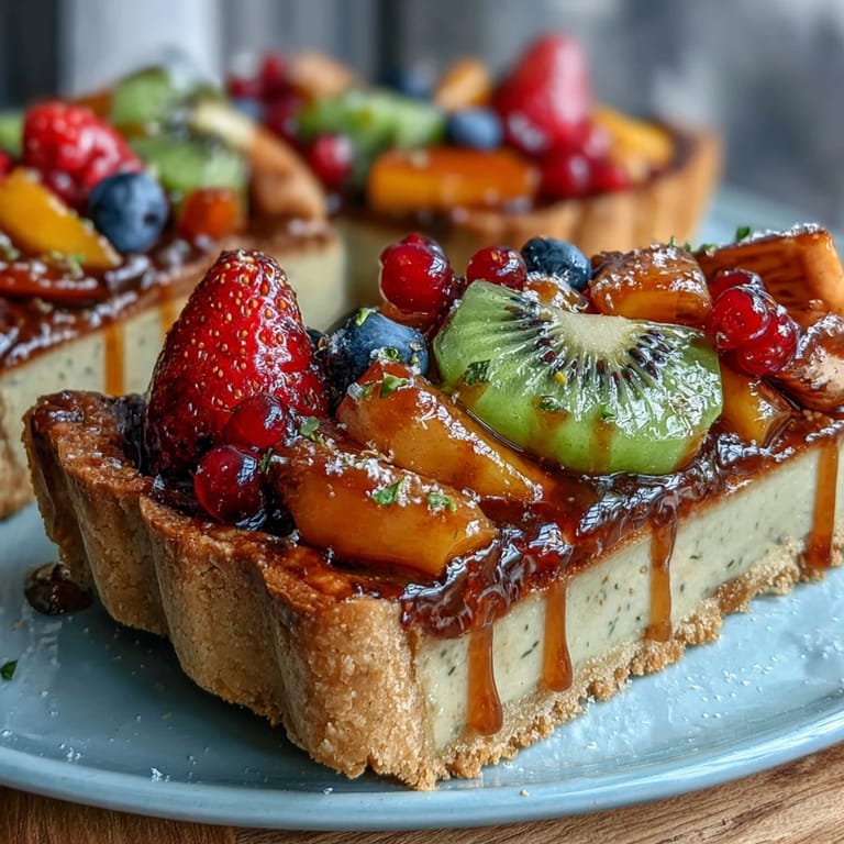 Elegant cardamom custard tart featuring a crisp base, creamy spiced filling, and glistening fresh fruit garnish.