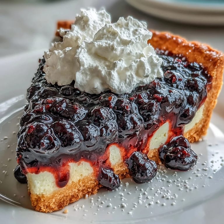 A slice of tangy black currant tart with buttery pastry, glossy filling, and a dollop of sweet vanilla cream.  