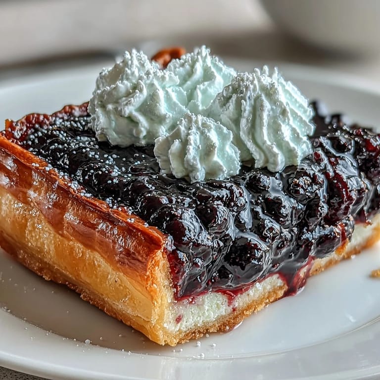 Close-up of a freshly baked black currant tart, its ruby-red filling glistening beneath a cloud of whipped cream.