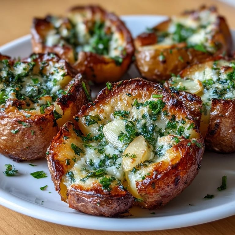 Aromatic herb smashed potatoes with roasted garlic and olive oil, crispy on the outside and tender inside.