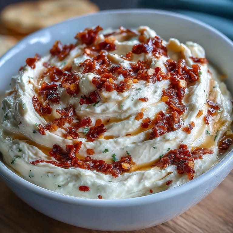 Vibrant Calabrian chili cream cheese with minced garlic and fresh lemon juice for a zesty kick.