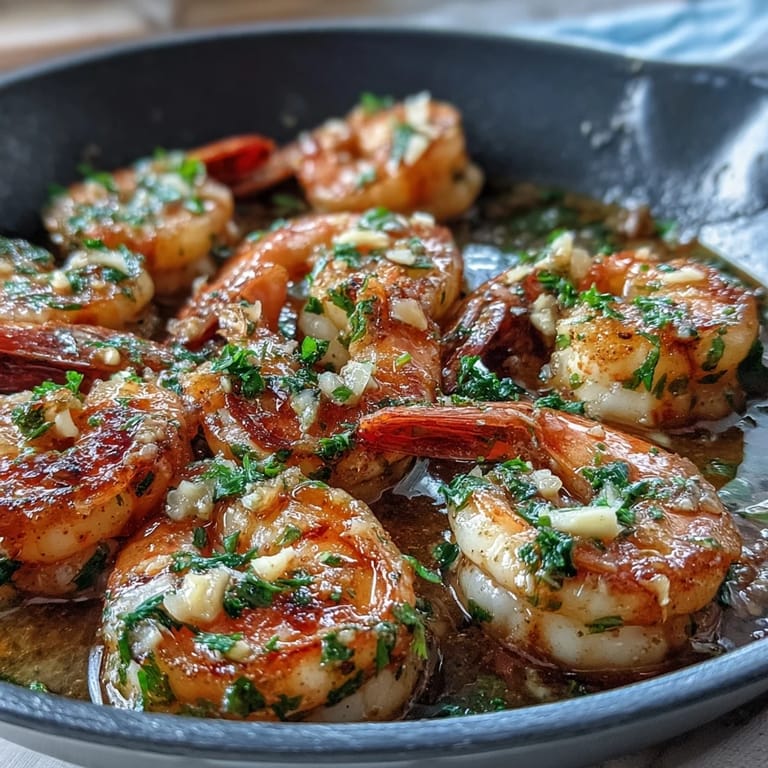 Plump prawns cooked in aromatic garlic butter, served with lemon wedges for a bright, zesty finish.  
