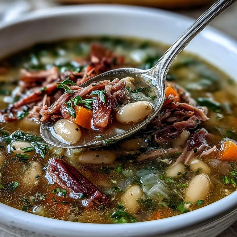 Hearty Ham and Navy Bean Soup with fresh thyme, featuring smoky ham, creamy beans, and vegetables in a comforting, farmhouse-style bowl.