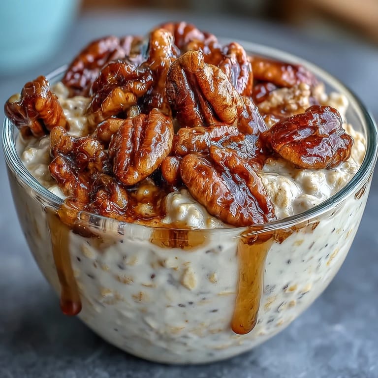 A jar of overnight oats layered with Greek yogurt, chia seeds, and caramelized pecans, perfect for meal prep mornings.