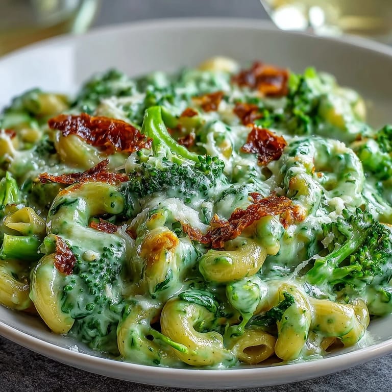 Vibrant green spinach and broccoli mac and cheese, featuring a blend of sharp cheddar and Parmesan for a comforting vegetarian meal.  