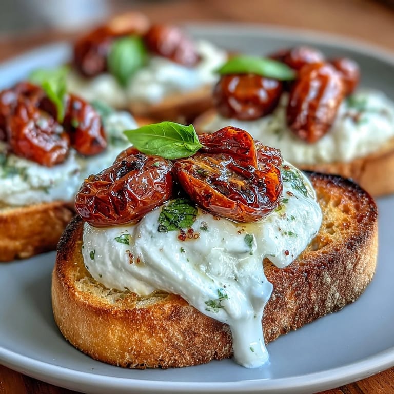 Italian-inspired crostini appetizer featuring burrata cheese, roasted cherry tomatoes, and fragrant basil leaves on crunchy toasted bread.