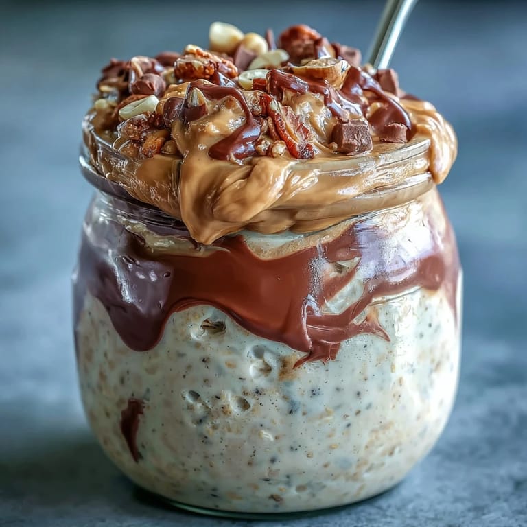 Decadent peanut butter cup overnight oats with chia seeds, Greek yogurt, and cocoa, served chilled for a sweet morning treat.