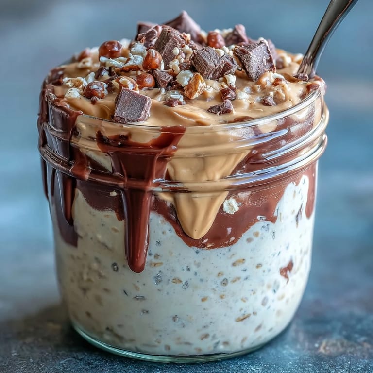 Rich peanut butter and chocolate overnight oats layered in jars, garnished with crushed peanuts and banana slices for extra flavor.