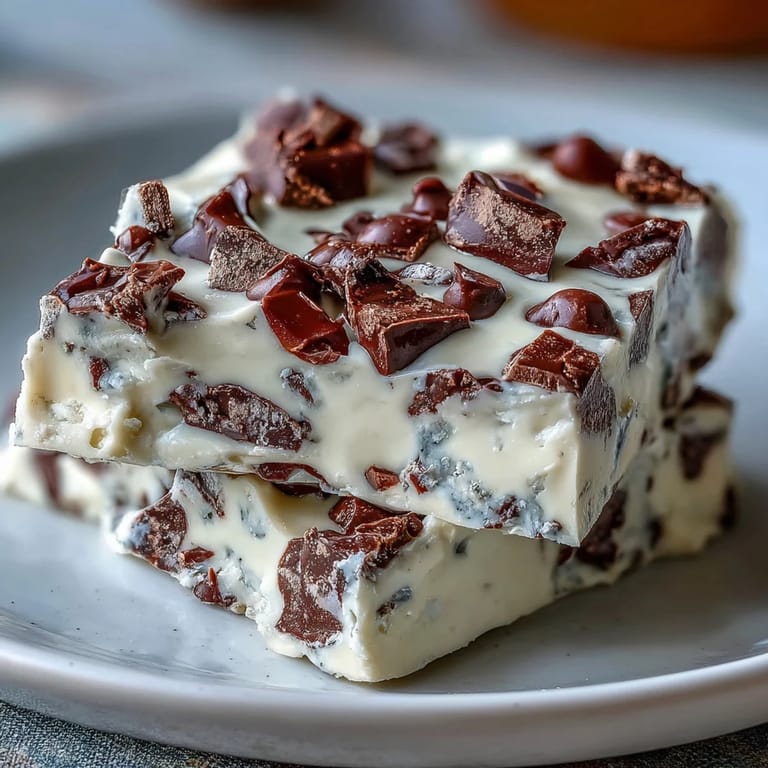 A top-down view of frozen cookie dough yogurt bark pieces on parchment paper.