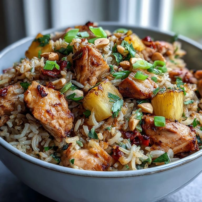 Tropical Hawaiian Pineapple Chicken Fried Rice topped with green onions and roasted cashews, blending sweet and savory Asian fusion flavors.