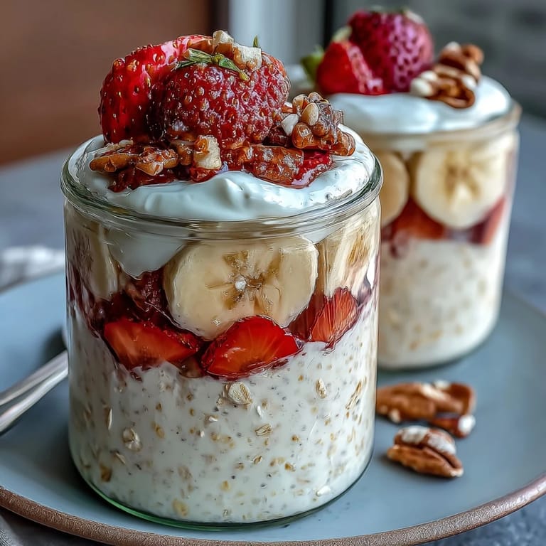 Easy strawberry banana overnight oats with chia seeds, sweetened with maple syrup and topped with fresh fruit.