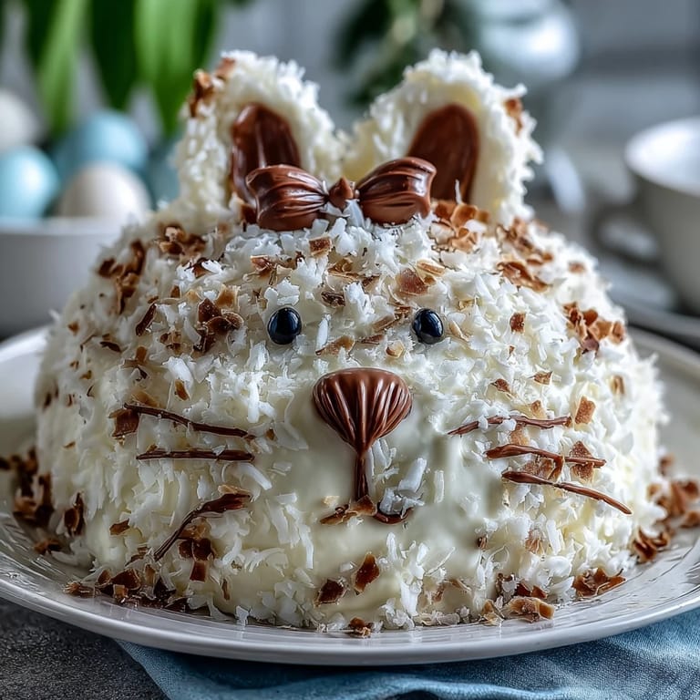 Moist vanilla cake shaped like a bunny, frosted and finished with a sparkling gold sprinkle coat.  