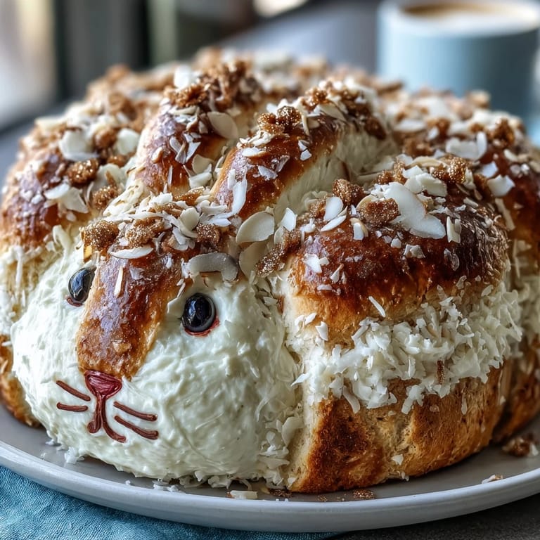 Festive Easter bunny cake with coconut fur, marshmallow details, and shimmering gold sprinkle accents.