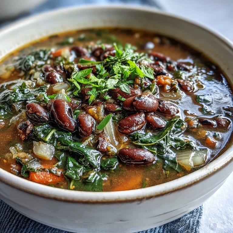Close-up of Soul Food Black-Eyed Pea and Collard Green Stew, showcasing earthy black-eyed peas and vibrant collard greens in a rich broth.