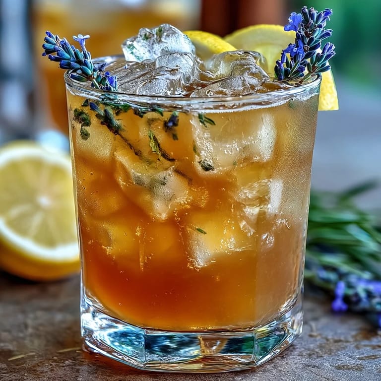 A tall glass of lavender honey lemonade with ice, a lemon slice, and a sprig of lavender on the rim.