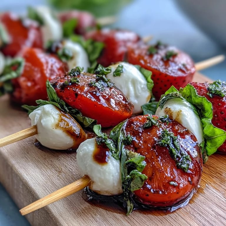 Sweet strawberries and creamy mozzarella basil skewers, finished with a tangy balsamic drizzle, perfect for parties.  