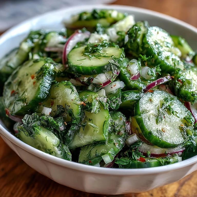 Refreshing cucumber radish salad featuring a tangy dill vinaigrette, offering a crunchy and vibrant vegetable medley.