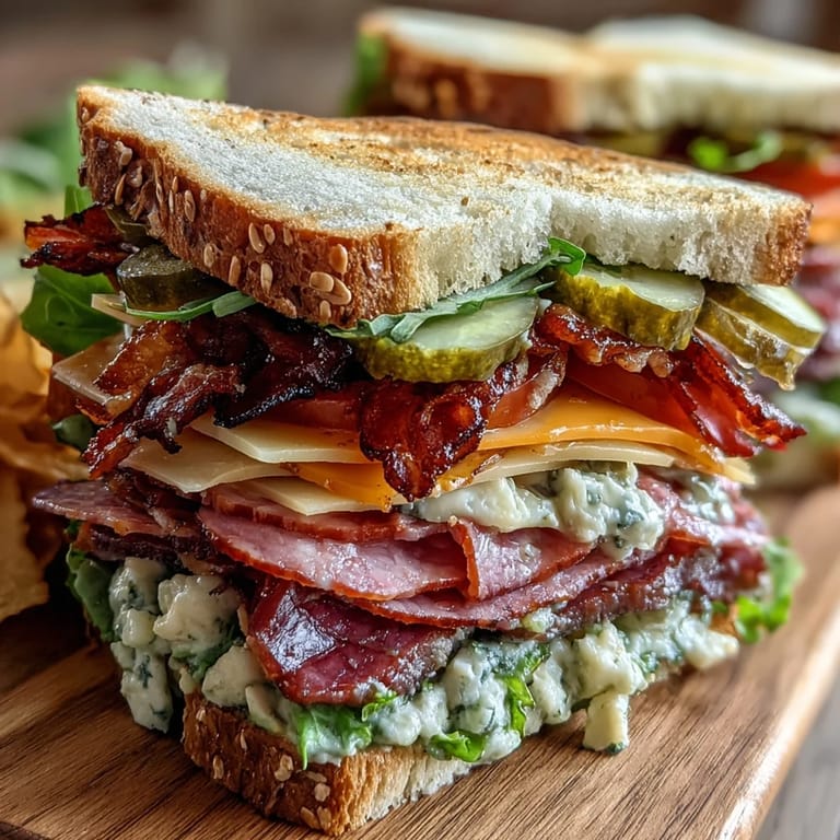 Build-your-own loaded deli sandwich board featuring sliced turkey, ham, roast beef, cheeses, and vibrant veggies.