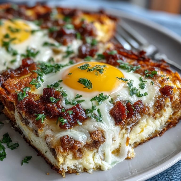 A hearty Amish Breakfast Casserole with Hash Browns, Eggs and Sausage, loaded with savory sausage, crispy potatoes, and fluffy eggs, perfect for feeding a hungry crowd.
