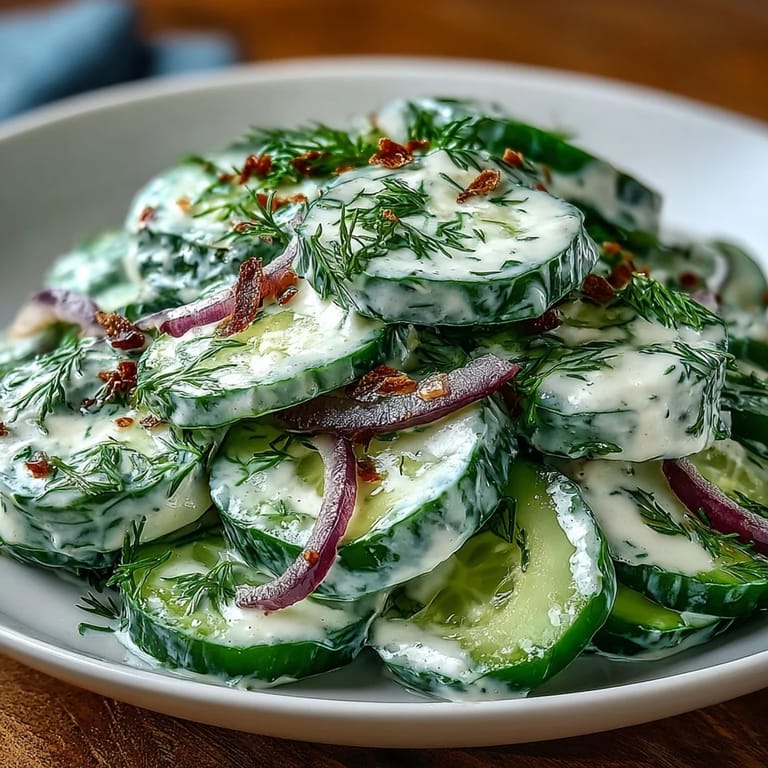 A refreshing bowl of Creamy Cucumber Dill Salad featuring fresh dill and red onions, ideal for light meals.