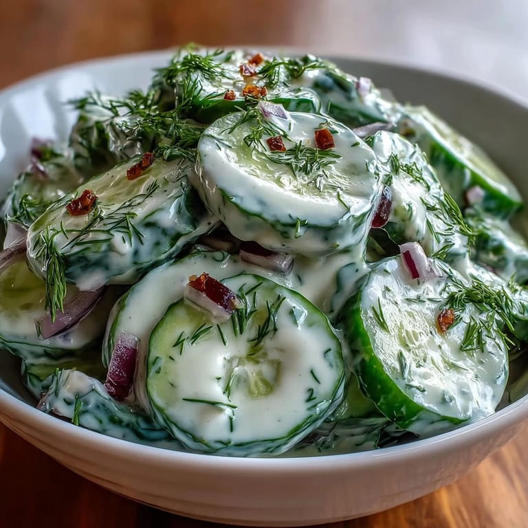 Chilled Creamy Cucumber Dill Salad with creamy dressing, garnished with extra dill for a vibrant side dish.