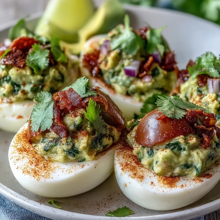 Vibrant deviled eggs filled with rich guacamole, garnished with smoked paprika and fresh cilantro for a zesty snack.  